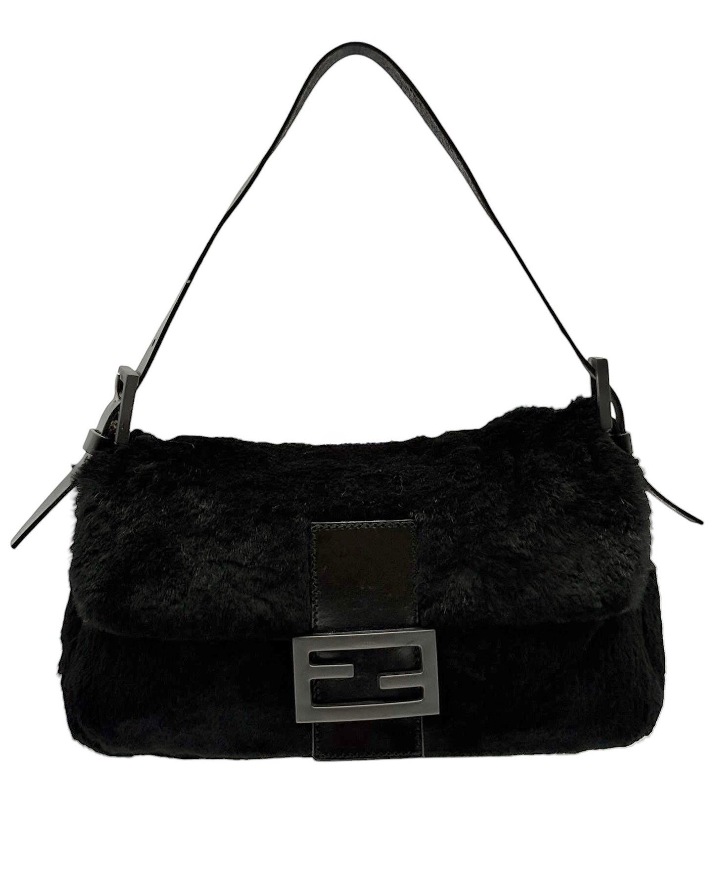 Fendi Vintage Black Rabbit Fur Shoulder Baguette Bag