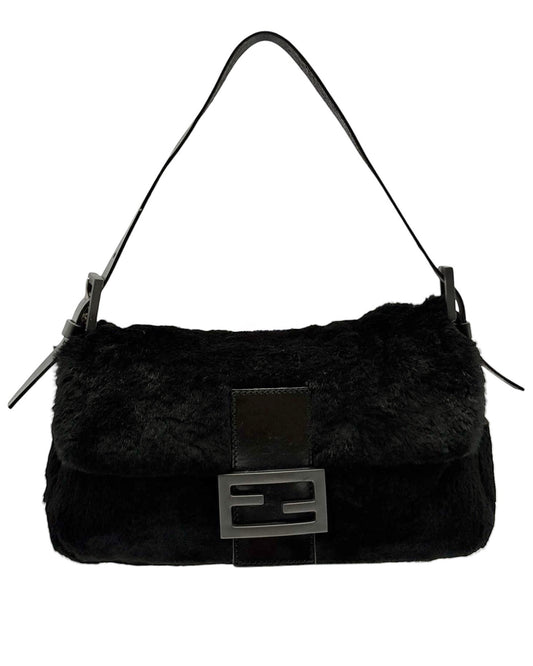 Fendi Vintage Black Rabbit Fur Shoulder Baguette Bag