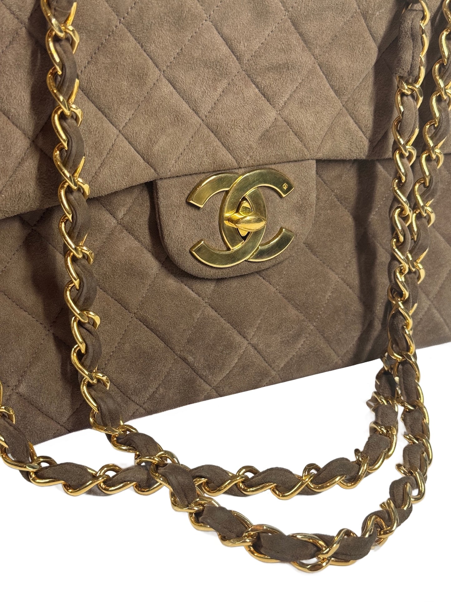 Chanel Vintage 90s Brown Quilted Suede Jumbo CC Shoulder Classic Single Flap Bag