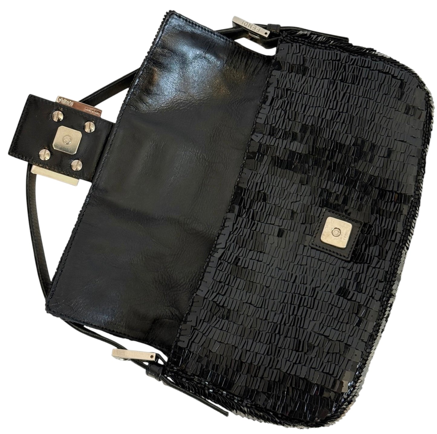 Fendi Vintage Black Paillettes Sequin Beaded Shoulder Baguette Bag