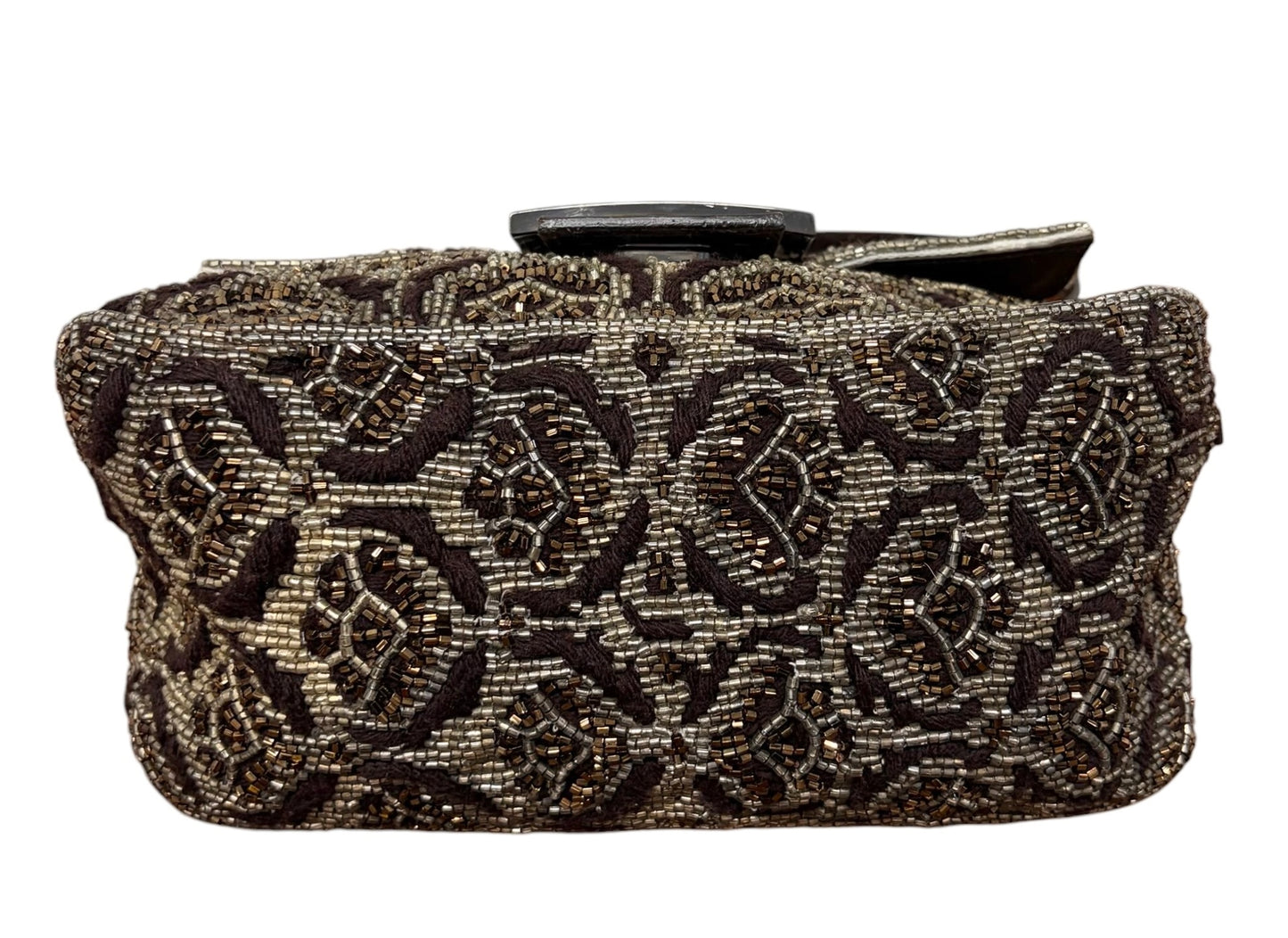 Fendi Vintage Brown Beaded Floral Embroidered Crystal Lizard Trim Mini Mamma Shoulder Baguette Bag
