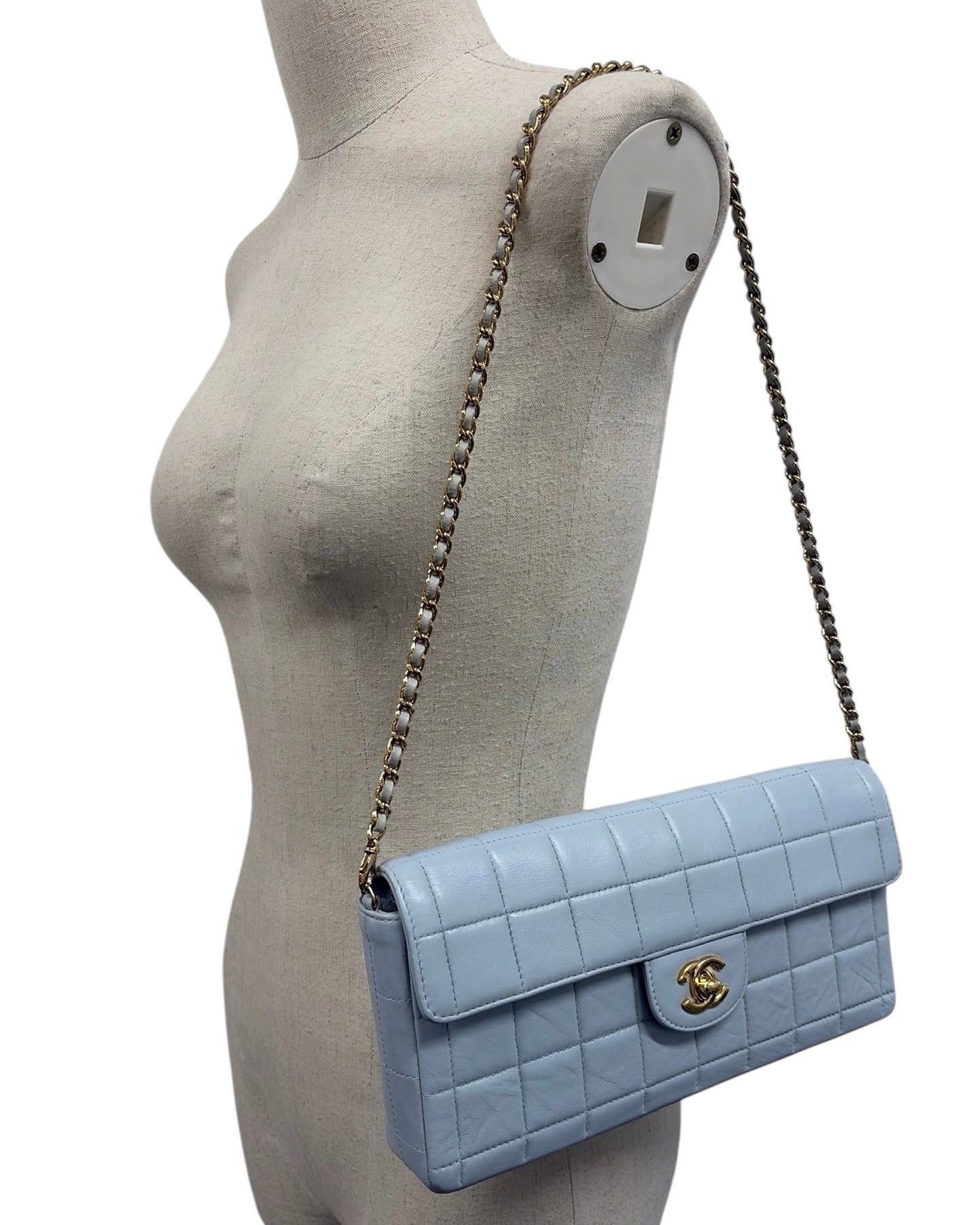 Chanel Vintage 00s Baby Blue Chocolate Bar Quilted Lambskin East West Shoulder Flap Bag - Spa Treated