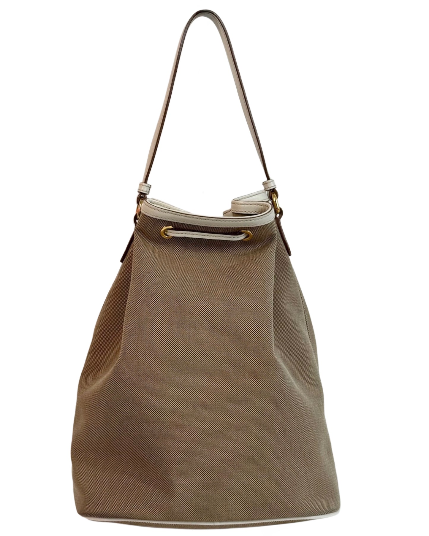 Prada Vintage Beige Jacquard Canapa Canvas Small Drawstring Bucket Shoulder Bag w Ivory Leather Trim
