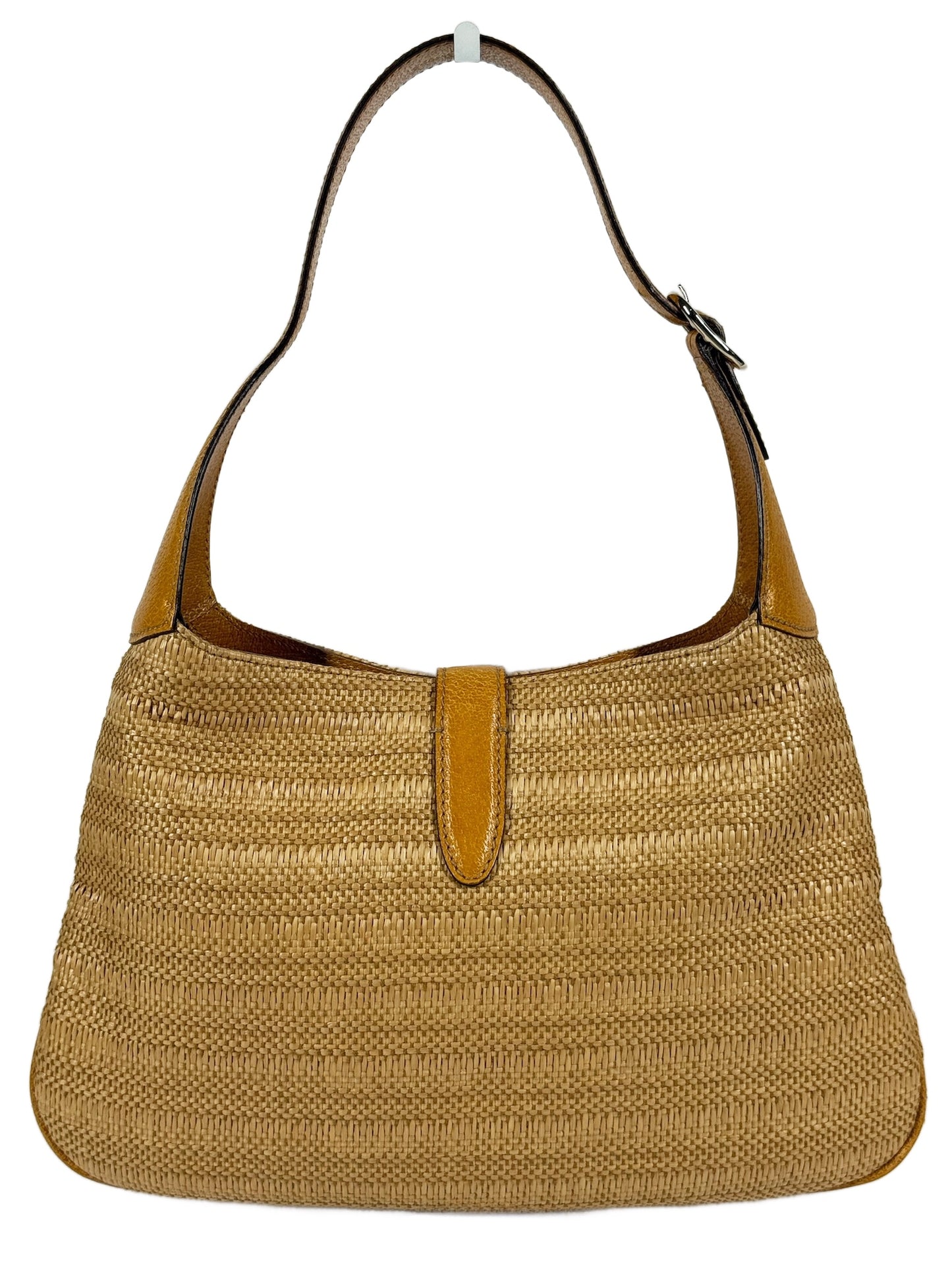 Gucci Vintage Embroidered Sequin Raffia Jackie Shoulder Bag w Gold Leather Trim