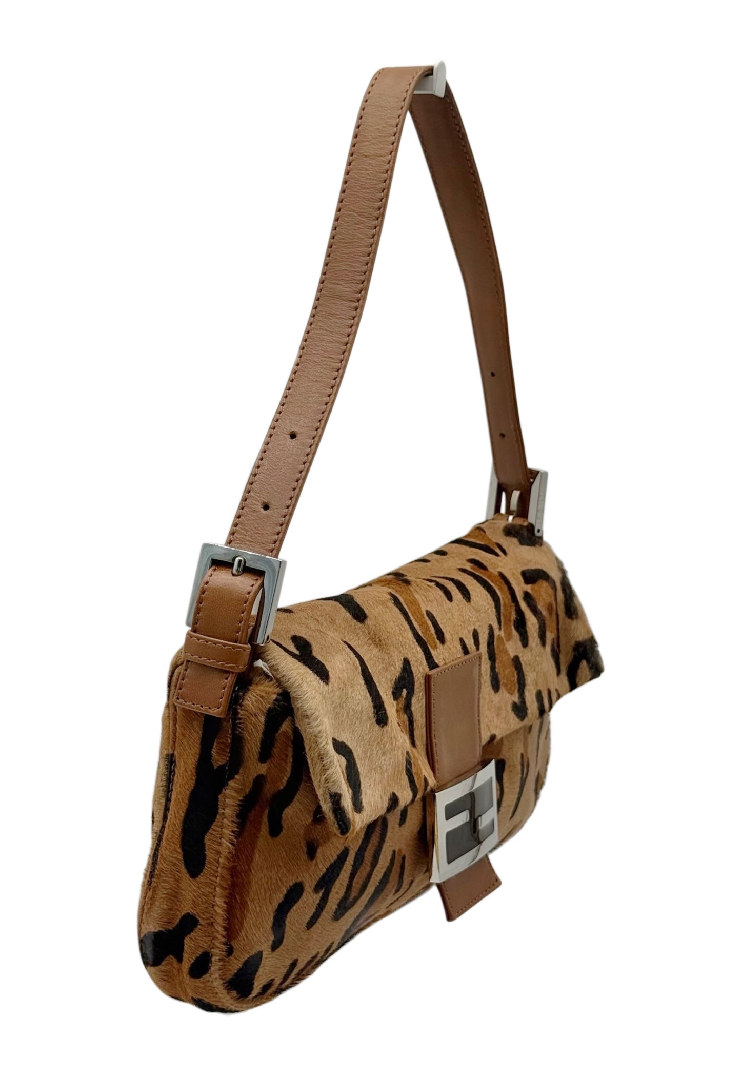 Fendi Vintage Beige Leopard Print Pony Hair Shoulder Baguette Bag