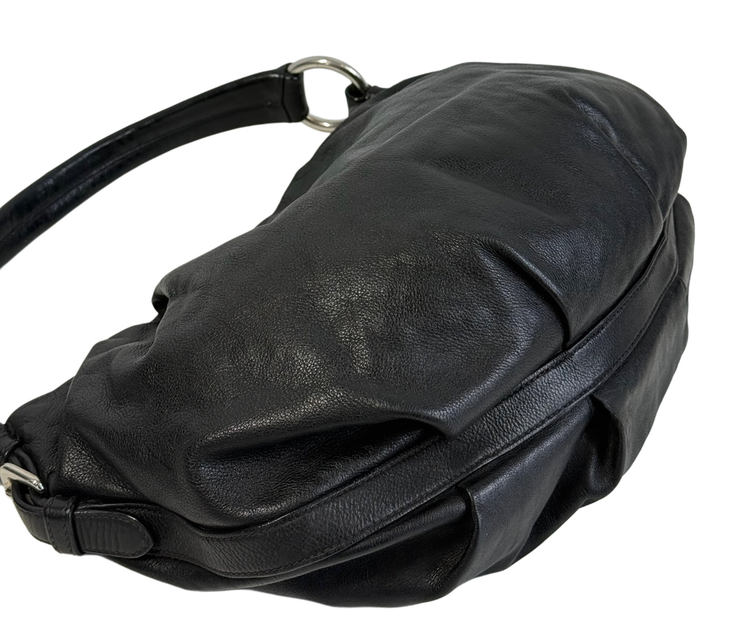 Prada Vintage Black Pebbled Leather Small Shoulder Hobo Bag