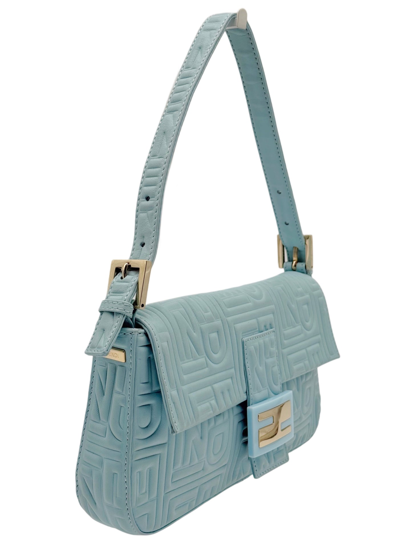 Fendi Vintage Blue Nappa Embossed Logo Leather Shoulder Baguette Bag