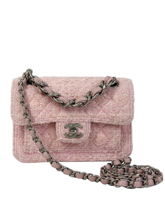 Chanel Pink Tweed Mini Shoulder Top Handle Flap Bag