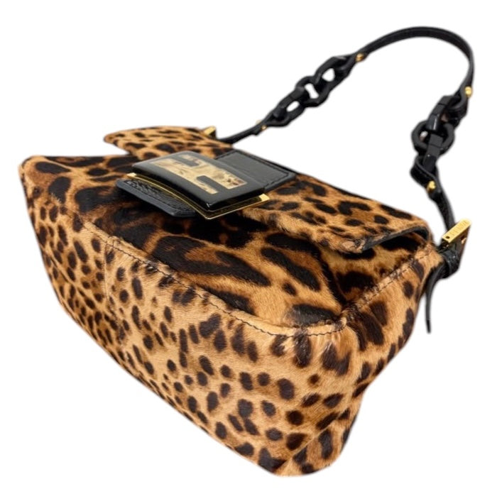 Fendi Vintage Leopard Print Pony Hair Marble Logo Mini Mamma Shoulder Baguette Bag