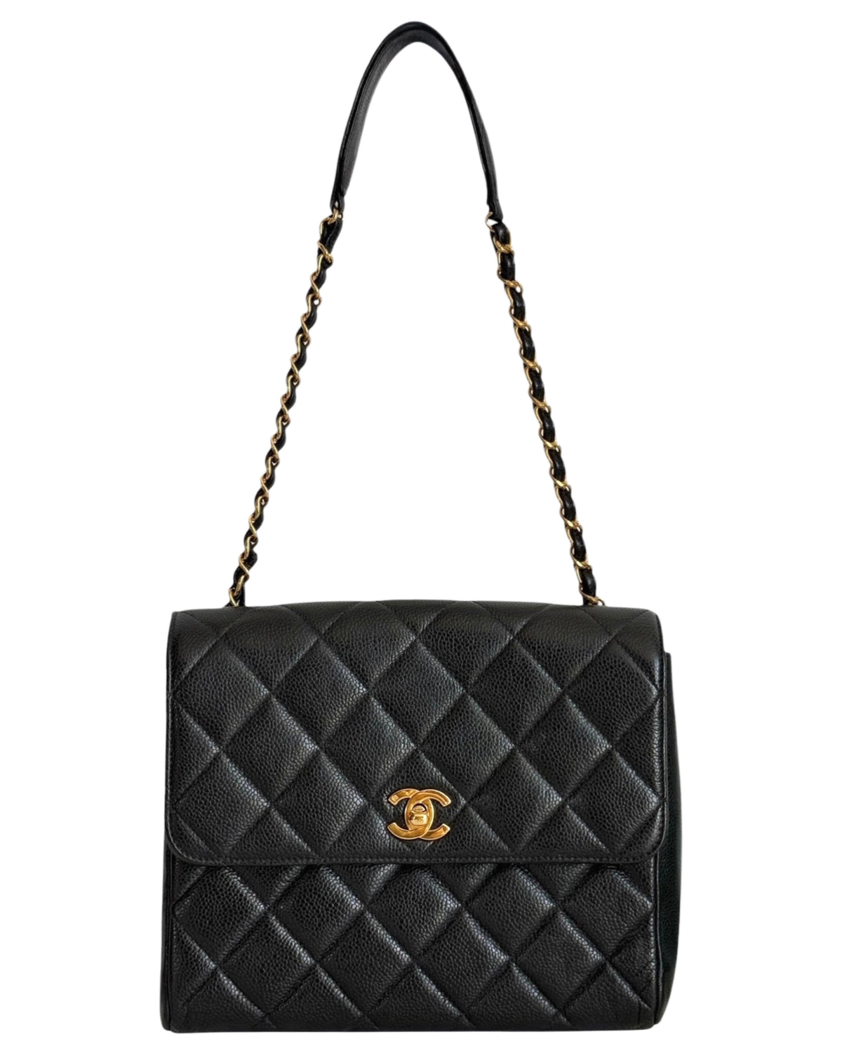 Chanel Vintage 90s Black Quilted Caviar Leather Medium Square Flap Shoulder Bag with 24K GPHW