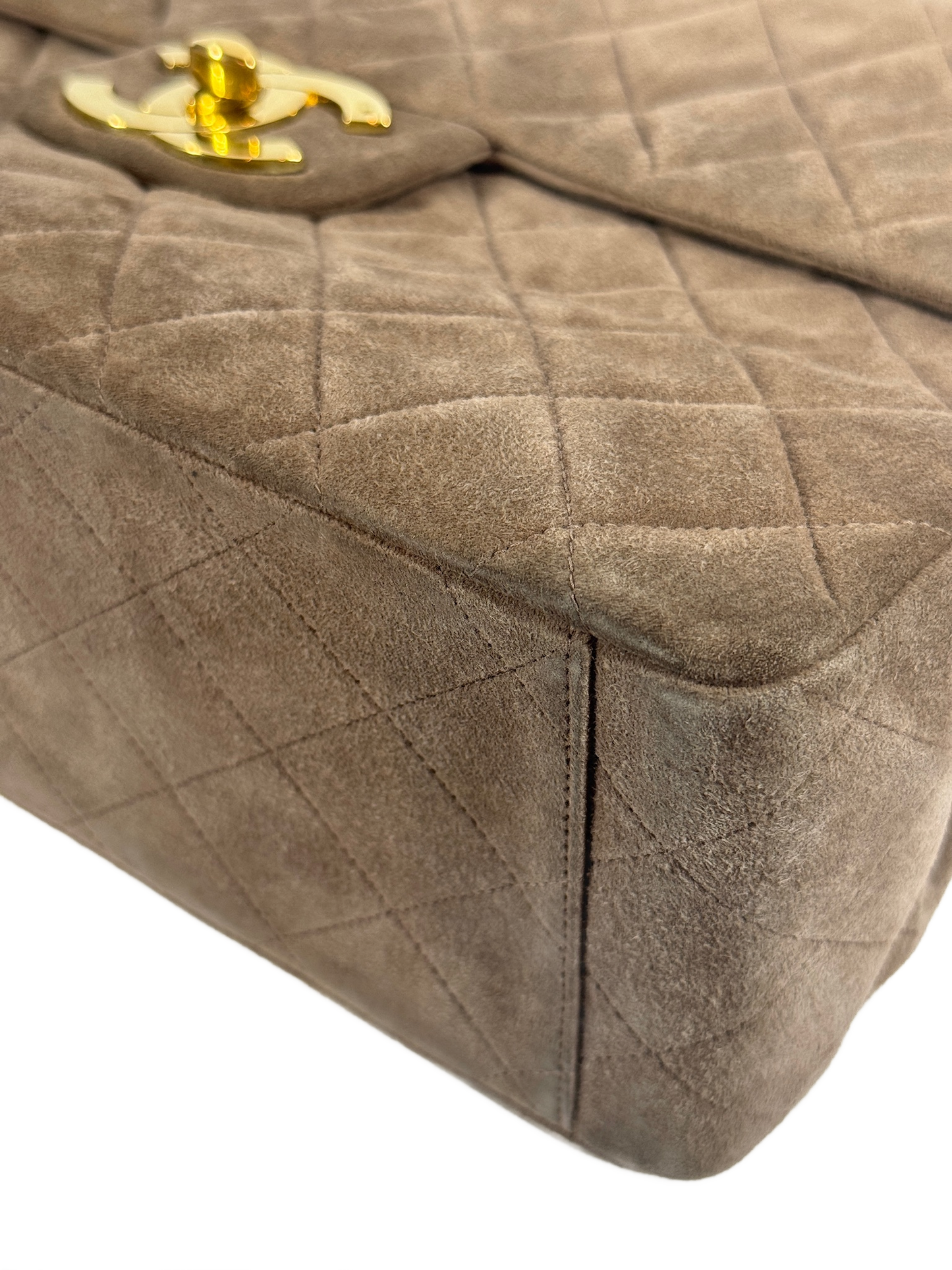Chanel Vintage 90s Brown Quilted Suede Jumbo CC Shoulder Classic Single Flap Bag