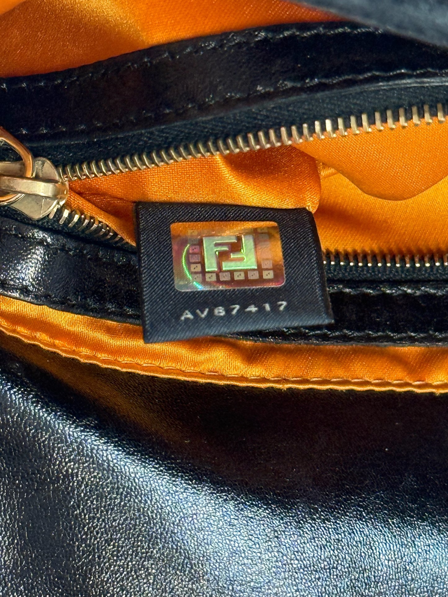 Fendi Vintage Black Embossed Monogram Velvet Velour Shoulder Baguette Bag w Gold Crystal Logo