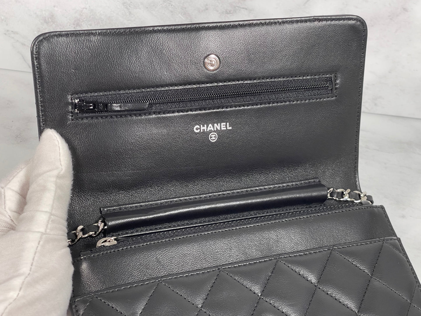 Chanel Black Quilted Lambskin Classic Wallet on Chain w Silver Hardware