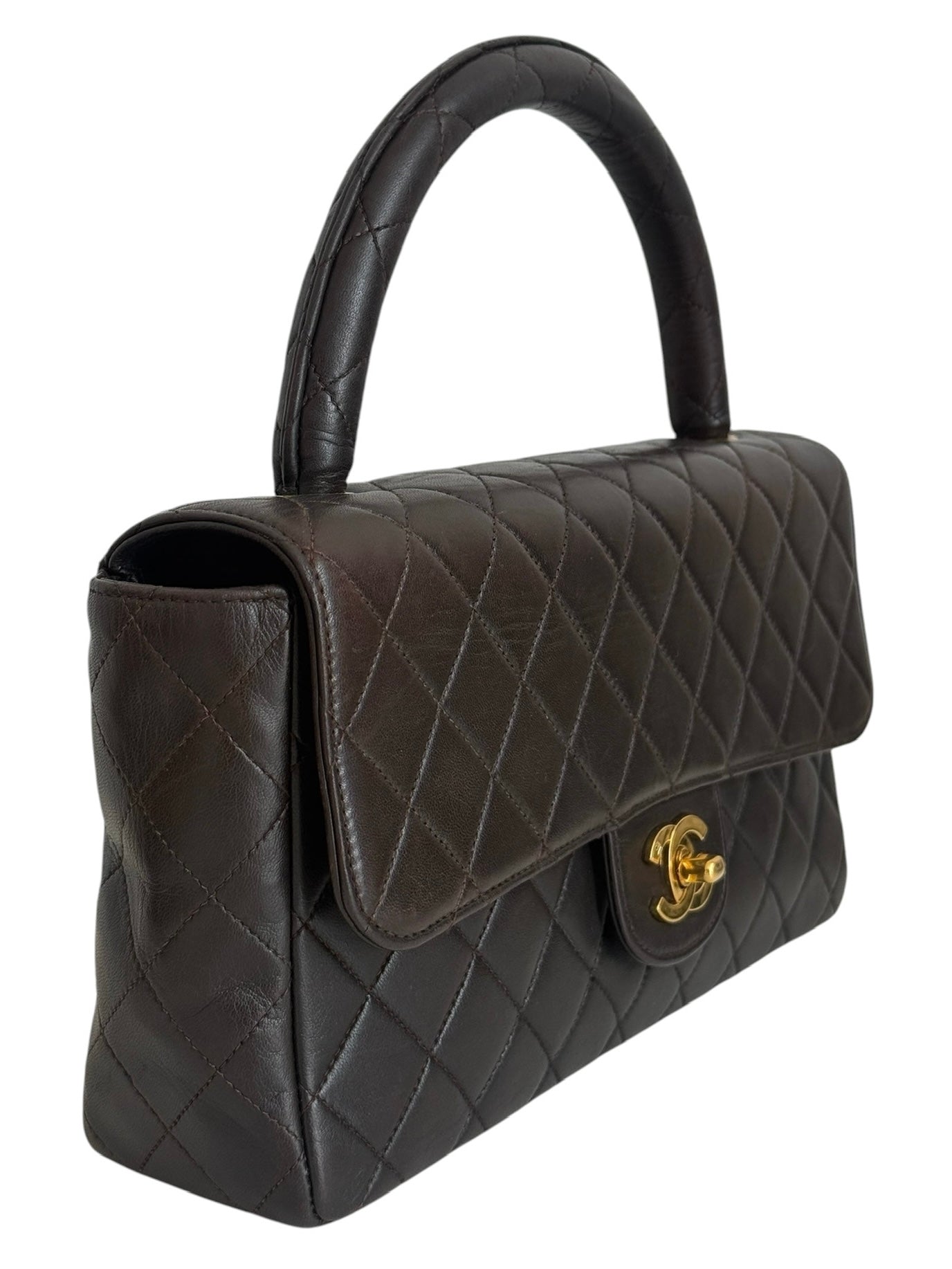 Chanel Vintage 90s Dark Brown Quilted Lambskin Medium Kelly Top Handle Parent Flap Bag w 24K Gold Plated Hardware