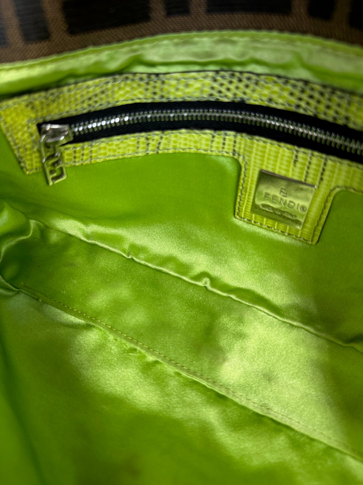 Fendi Vintage Brown Zucca Monogram Beaded Green Lizard Trim Shoulder Baguette Bag