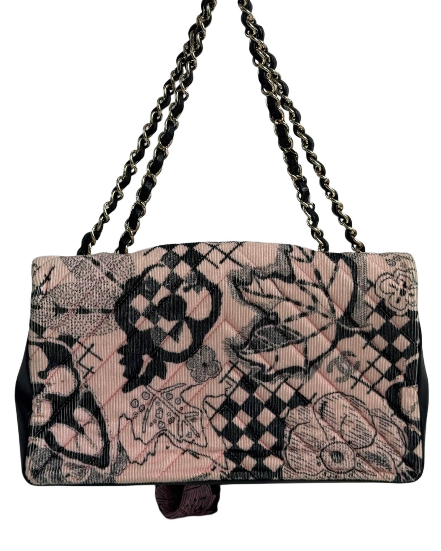 Chanel Pink & Black Corduroy CC Logo Camellia Motif Satin Bow Small Shoulder Classic Flap Bag