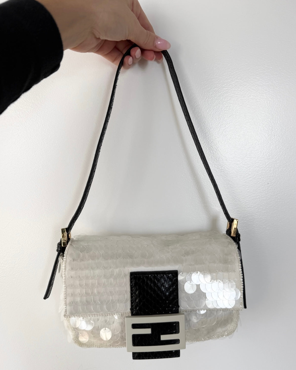 Fendi White Sequin Beaded Re-Edition Mini Shoulder Baguette Bag with Black Python Trim