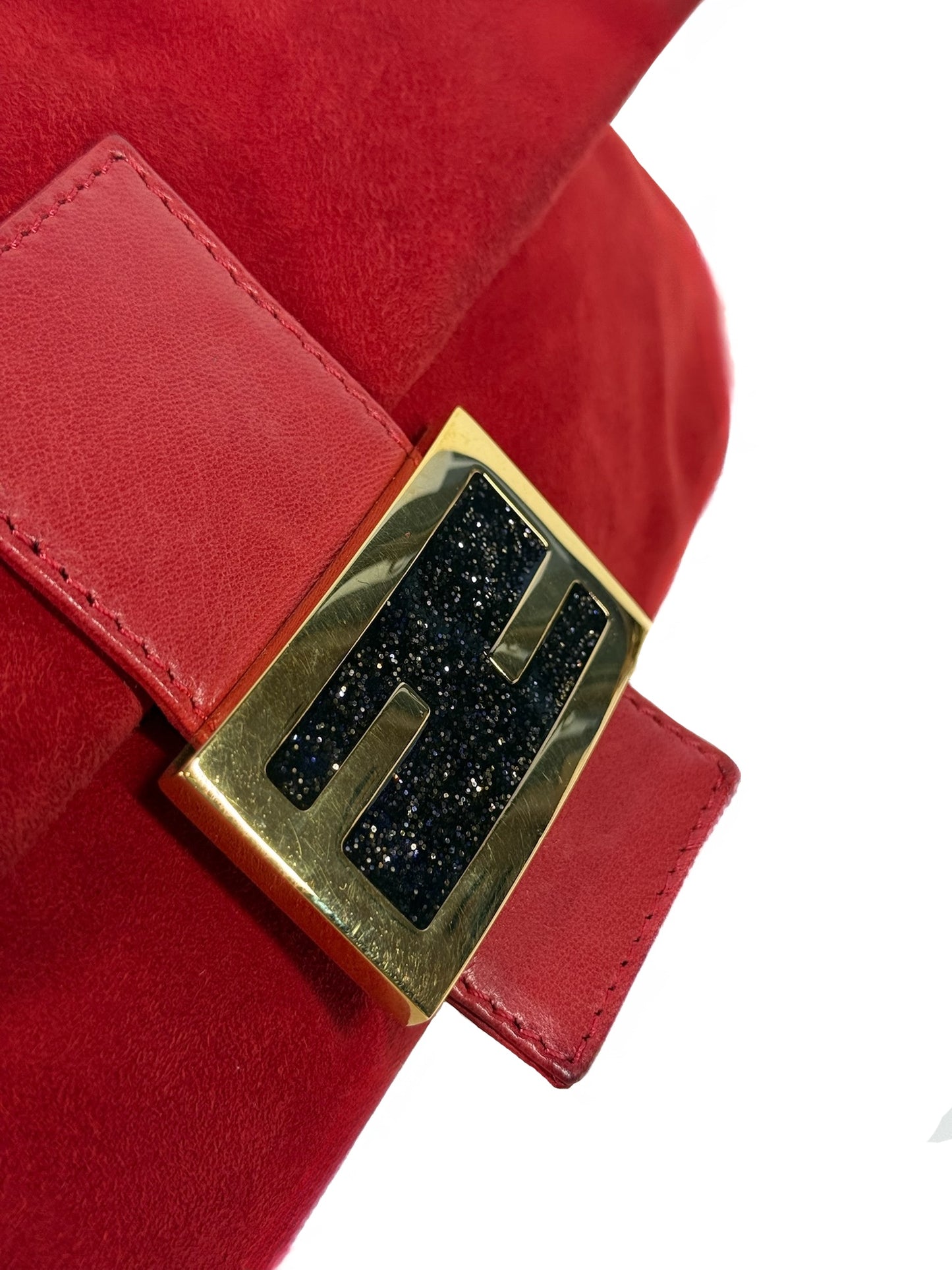 Fendi Vintage Red Suede Purple Glitter Logo Shoulder Baguette Bag