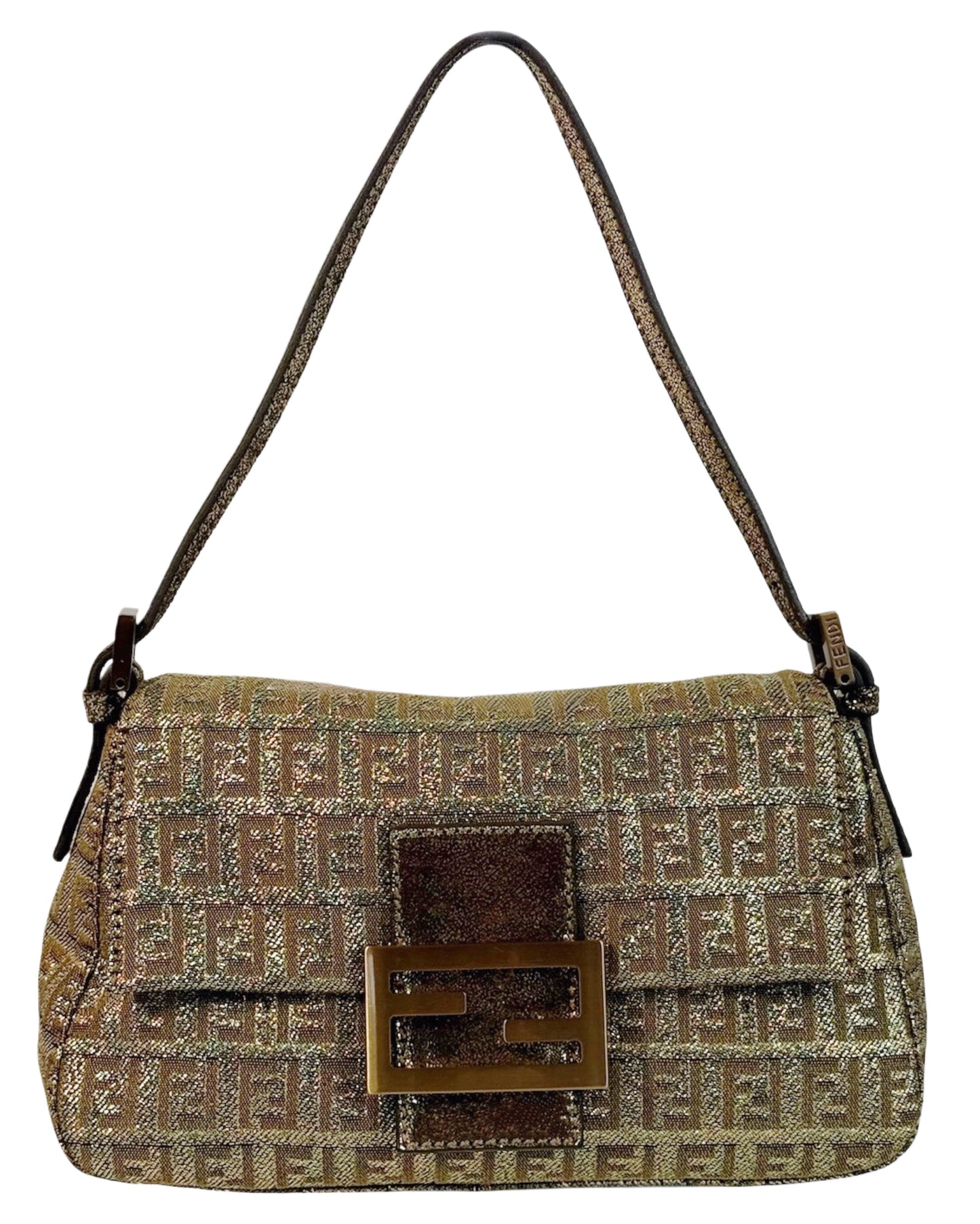 Fendi Vintage Metallic Gold Glitter Zucchino Zucca Monogram Mini Mamma Baguette Shoulder Bag