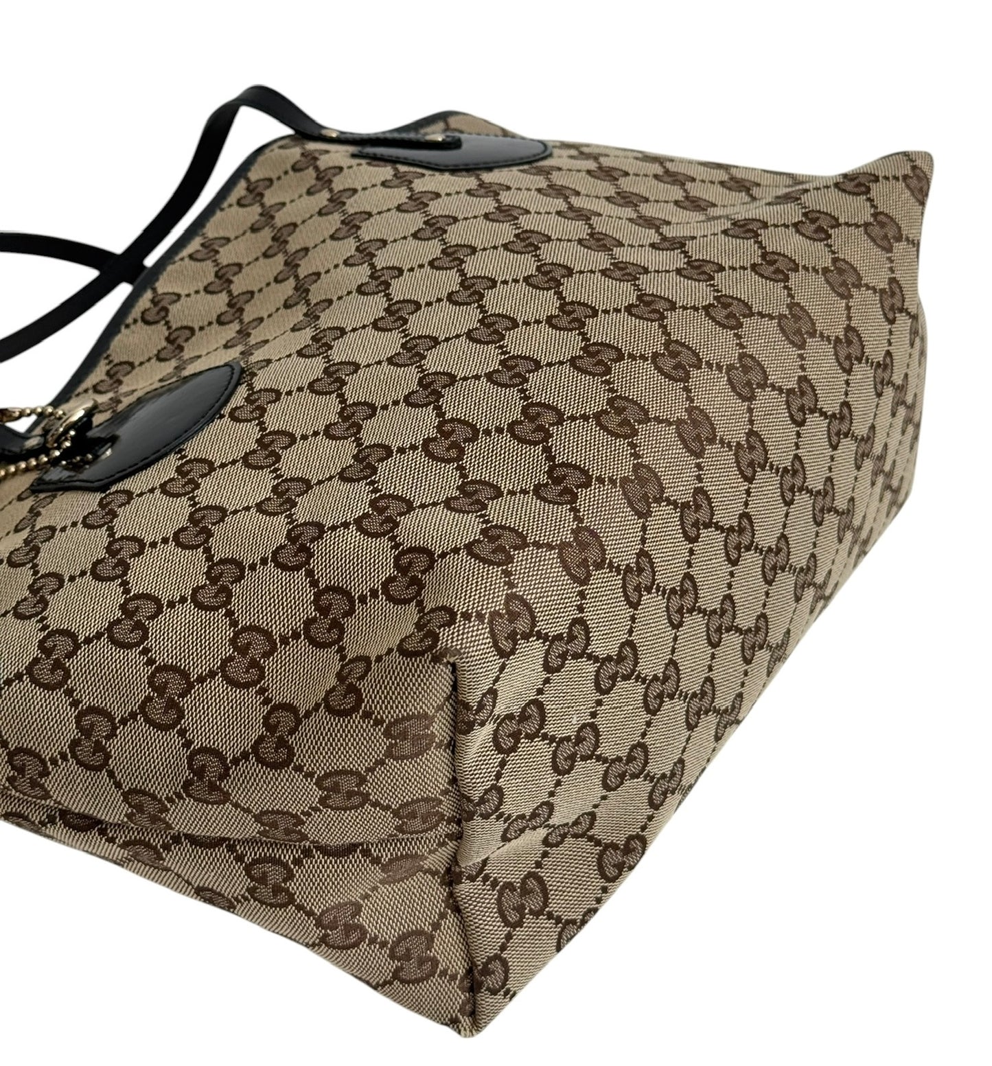 Gucci Vintage Brown GG Monogram Canvas Small Jolie Tote Bag with Black Patent Leather Trim