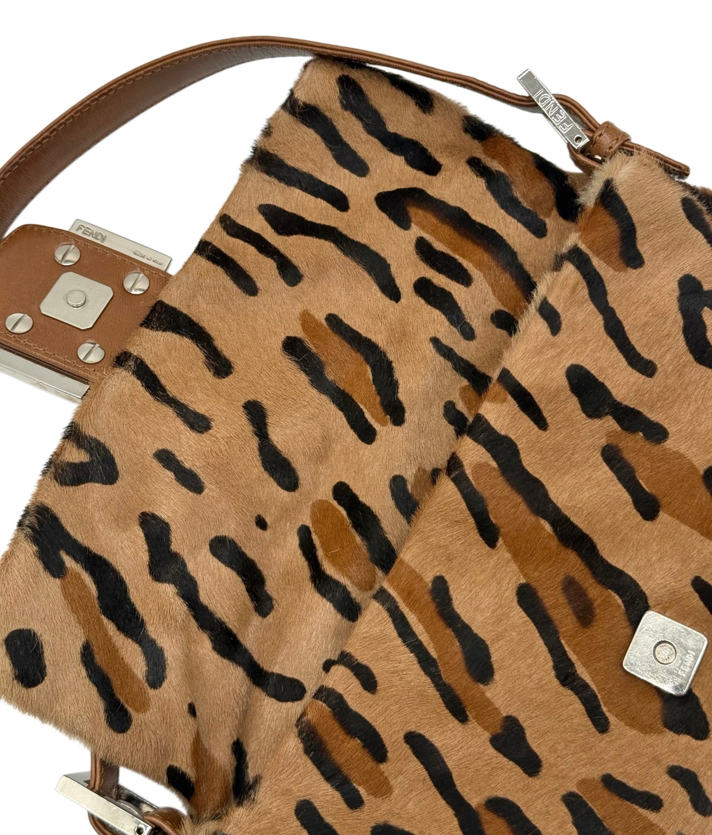 Fendi Vintage Beige Leopard Print Pony Hair Shoulder Baguette Bag