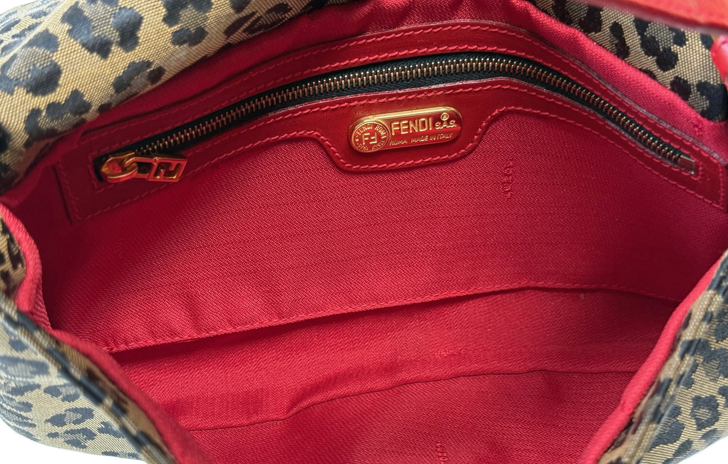 Fendi Vintage Brown Leopard Canvas Red Leather Trim Baguette