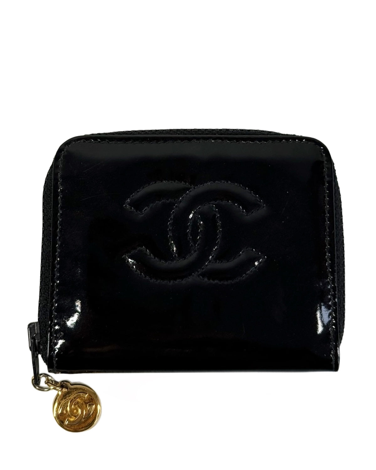 Chanel Vintage Black Patent Leather CC Zip Coin Pouch Wallet