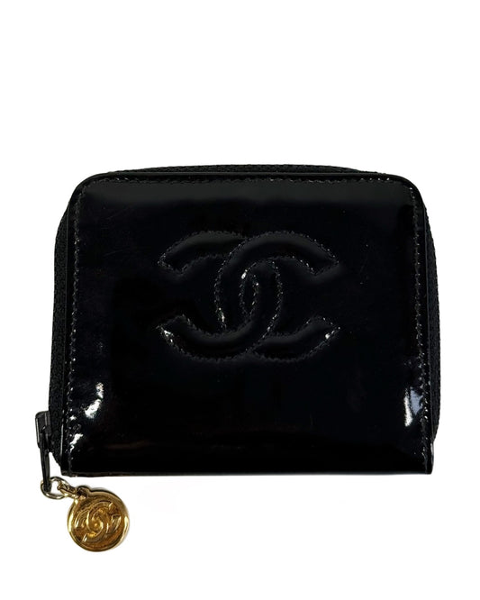 Chanel Vintage Black Patent Leather CC Zip Coin Pouch Wallet