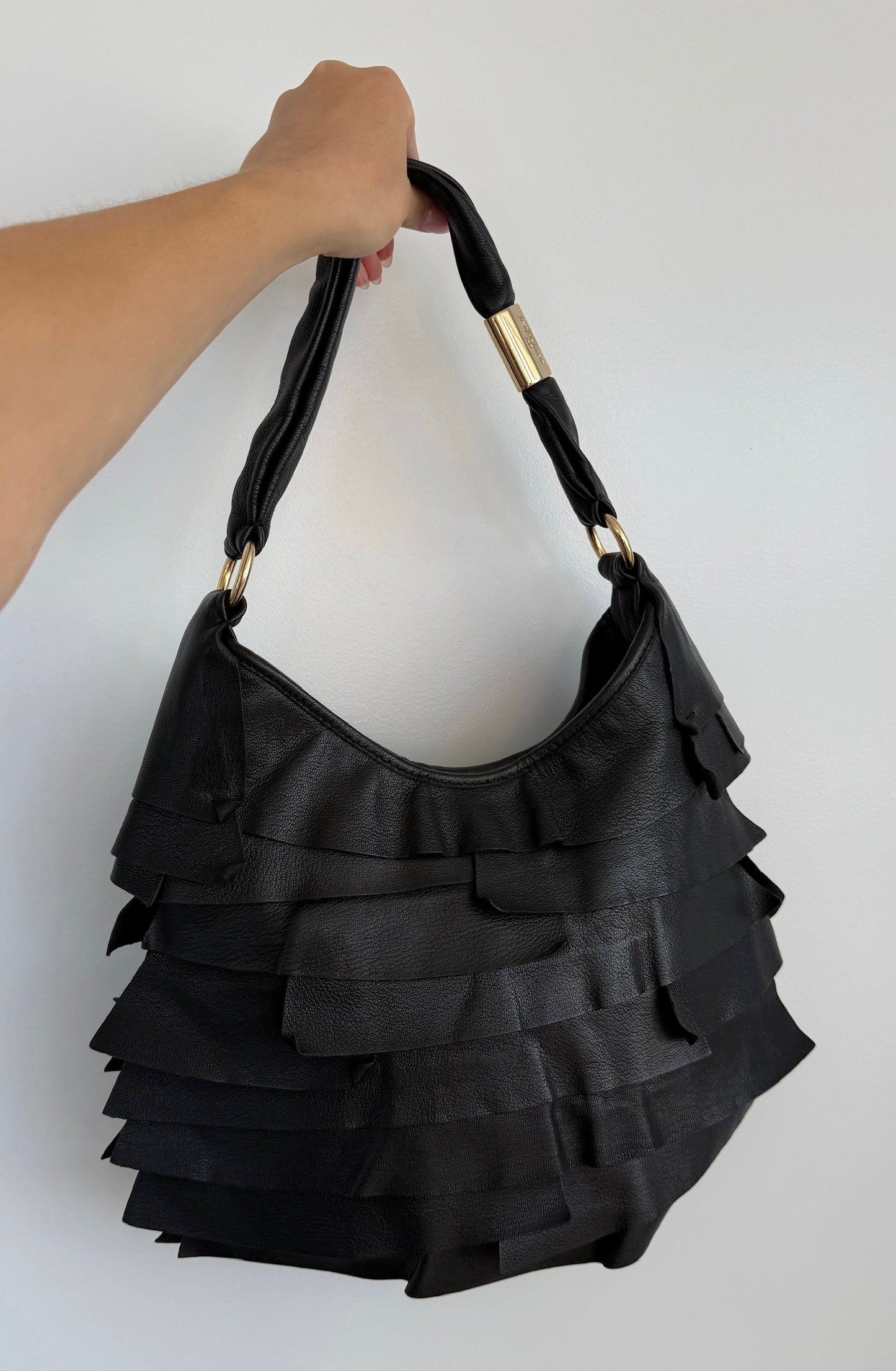 Yves Saint Laurent / YSL Vintage Black Leather Rive Gauche Ruffle St Tropez Small / Medium Shoulder Hobo Bag