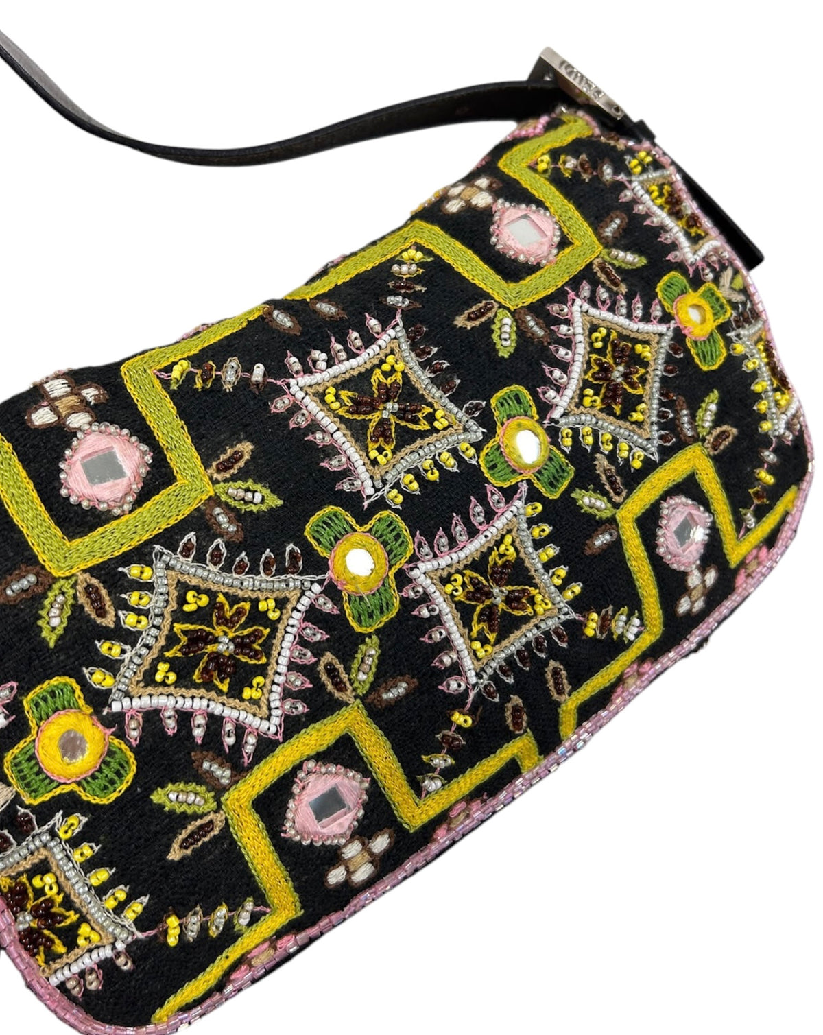 Fendi Vintage Black Knit Embroidered Pink Beaded Green Fringe Embellished Shoulder Baguette Bag