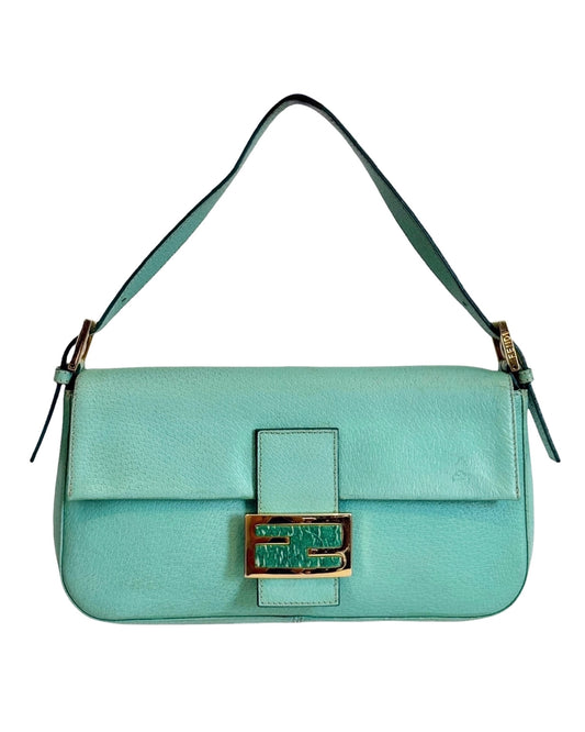 Fendi Vintage Blue Pebbled Leather Quartz Logo Shoulder Baguette Bag