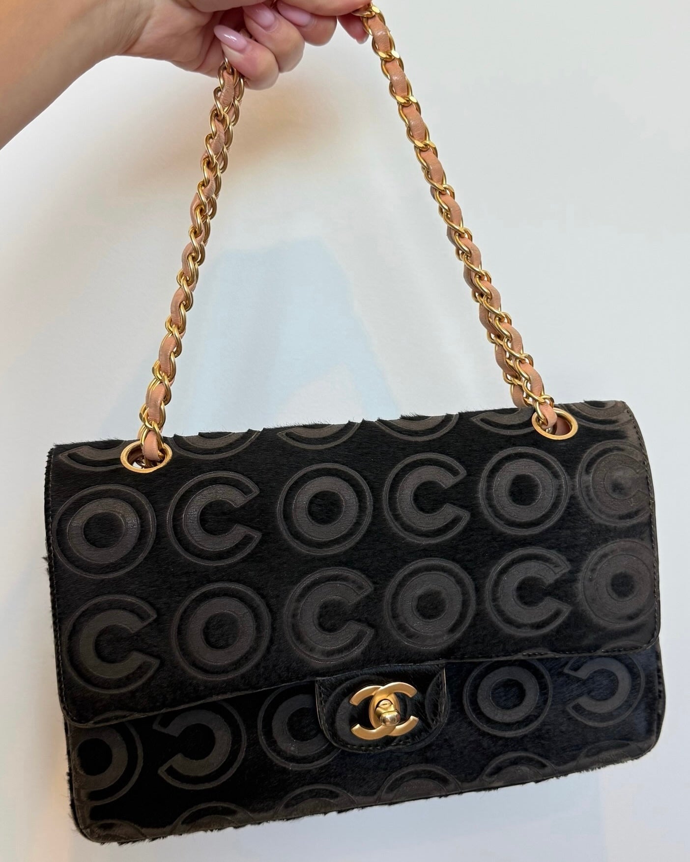 Chanel Vintage 00s Black Pony Hair Coco Embossed Logo Medium Classic Double Flap Bag