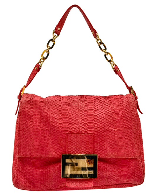 Fendi Vintage Coral Red Snakeskin Tortoise Logo Hardware XL Mamma Baguette Chain Shoulder Bag
