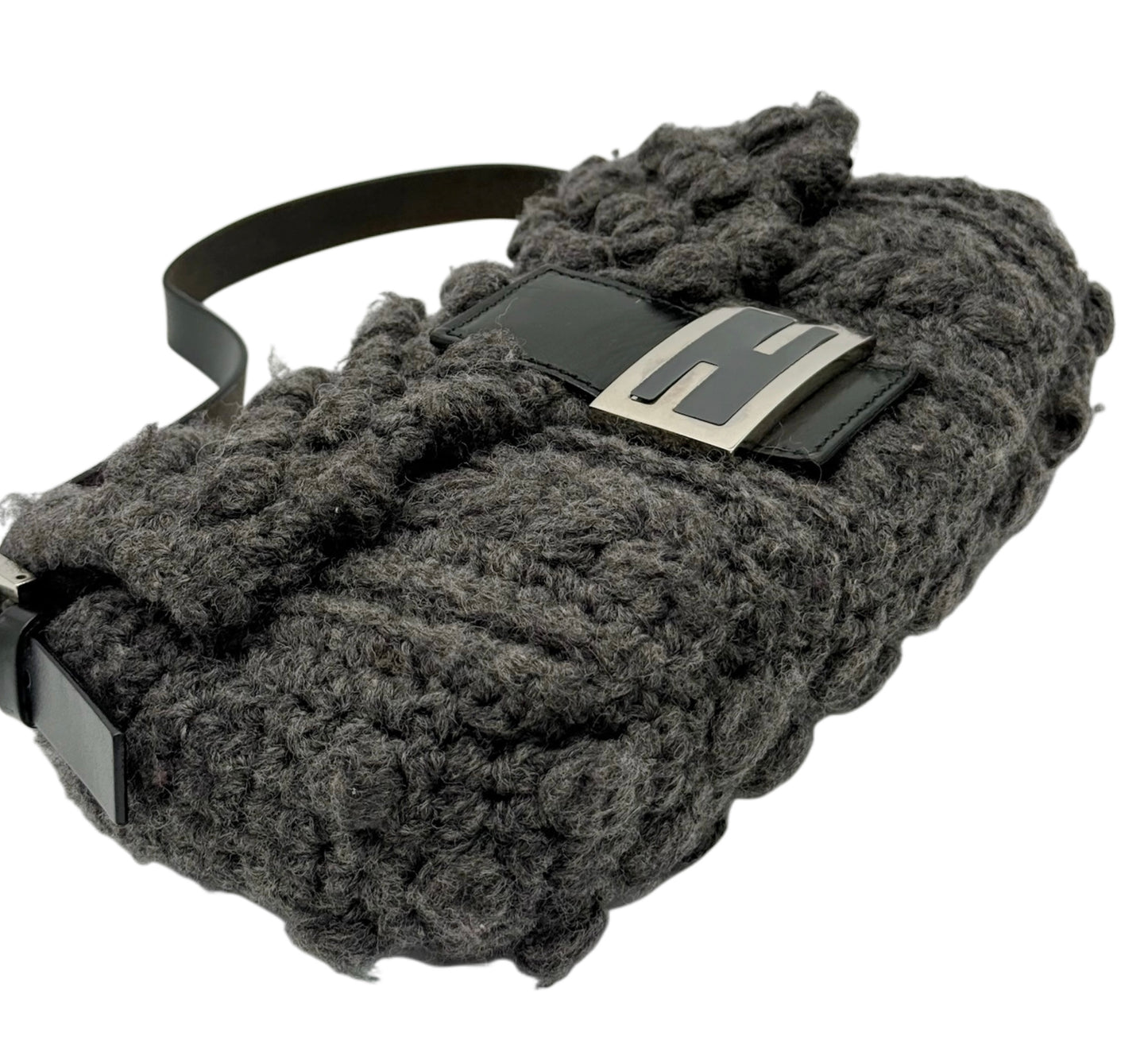 Fendi Vintage Dark Gray Crochet Knit Shoulder Baguette Bag