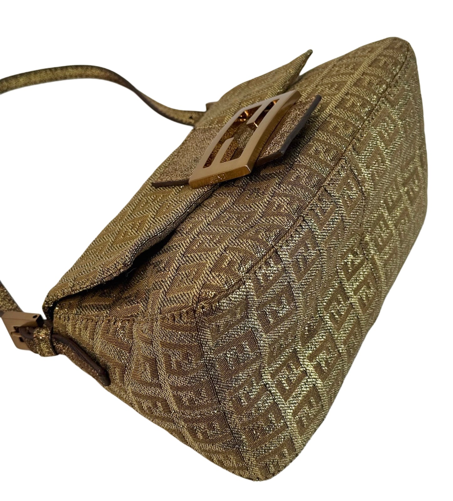 Fendi Vintage Metallic Gold Glitter Zucchino Zucca Monogram Mini Mamma Baguette Shoulder Bag