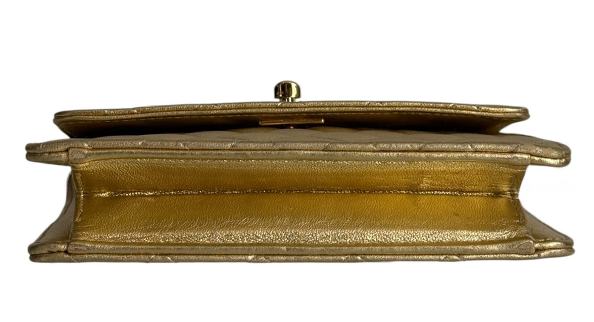 Chanel Vintage 90’s Metallic Gold Quilted Lambskin Micro Mini Square Flap Bag with 24K GPHW