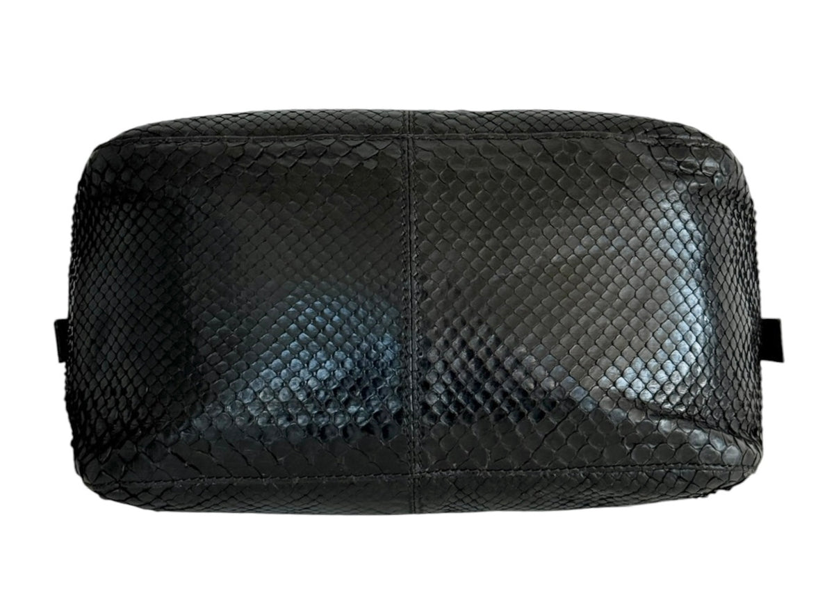 Fendi Vintage Black Python Leather Double Flap Bucket Small Hobo Shoulder Baguette Bag