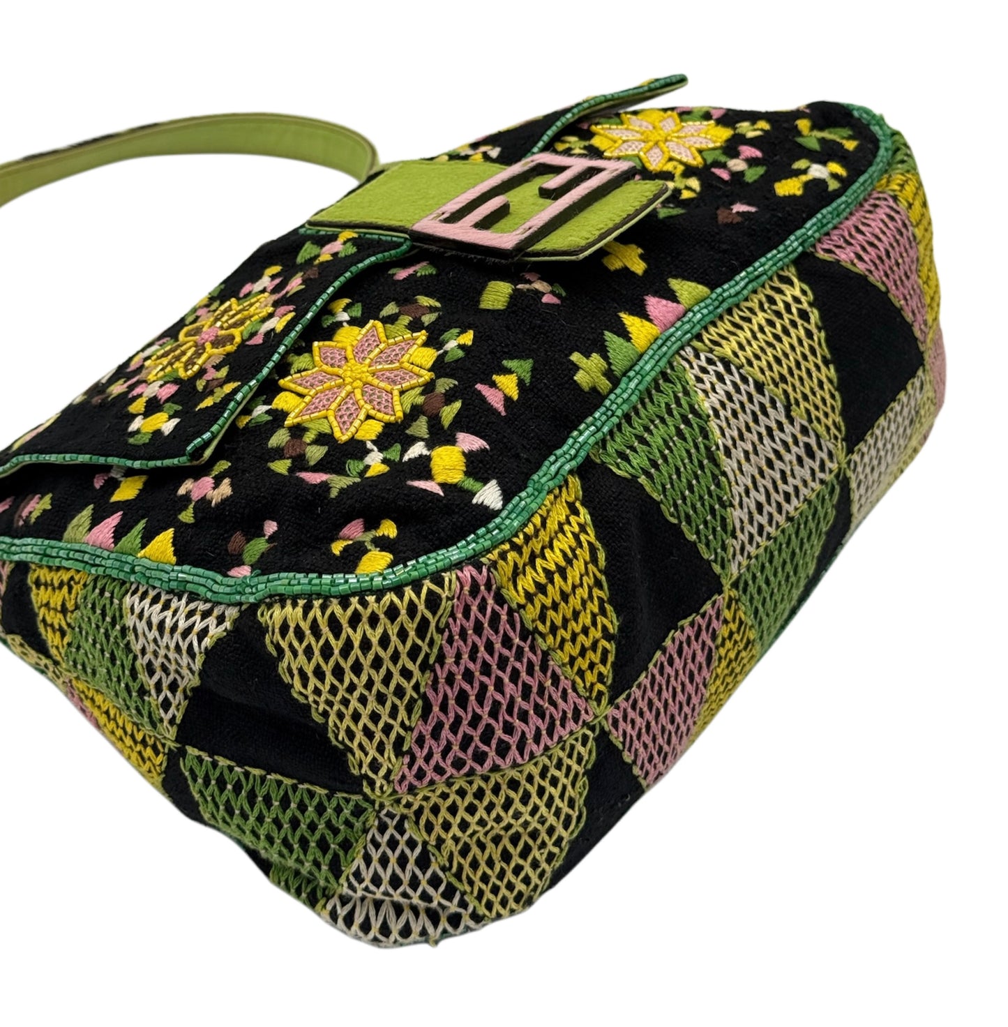 Fendi Vintage Black Knit Beaded Embroidered Aztec Print Mamma Baguette Shoulder Bag with Green Cow Print Pony Hair Trim