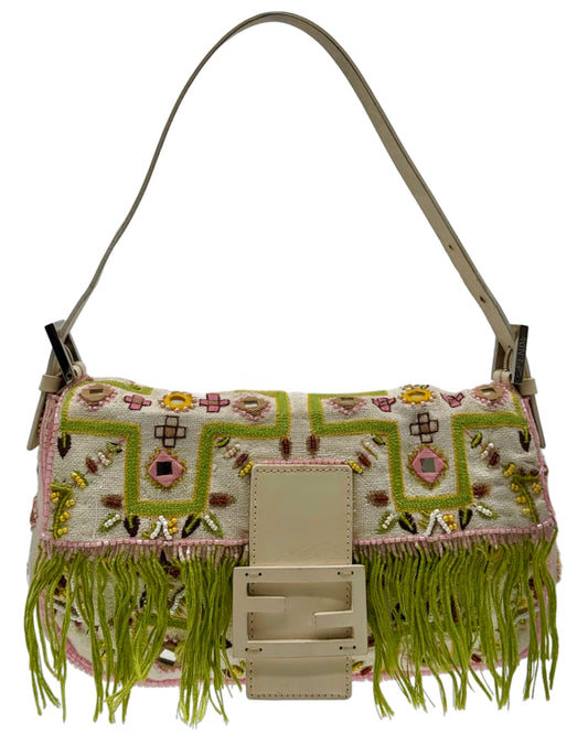 Fendi Vintage White Knit Embroidered Pink Beaded Green Fringe Embellished Shoulder Baguette Bag