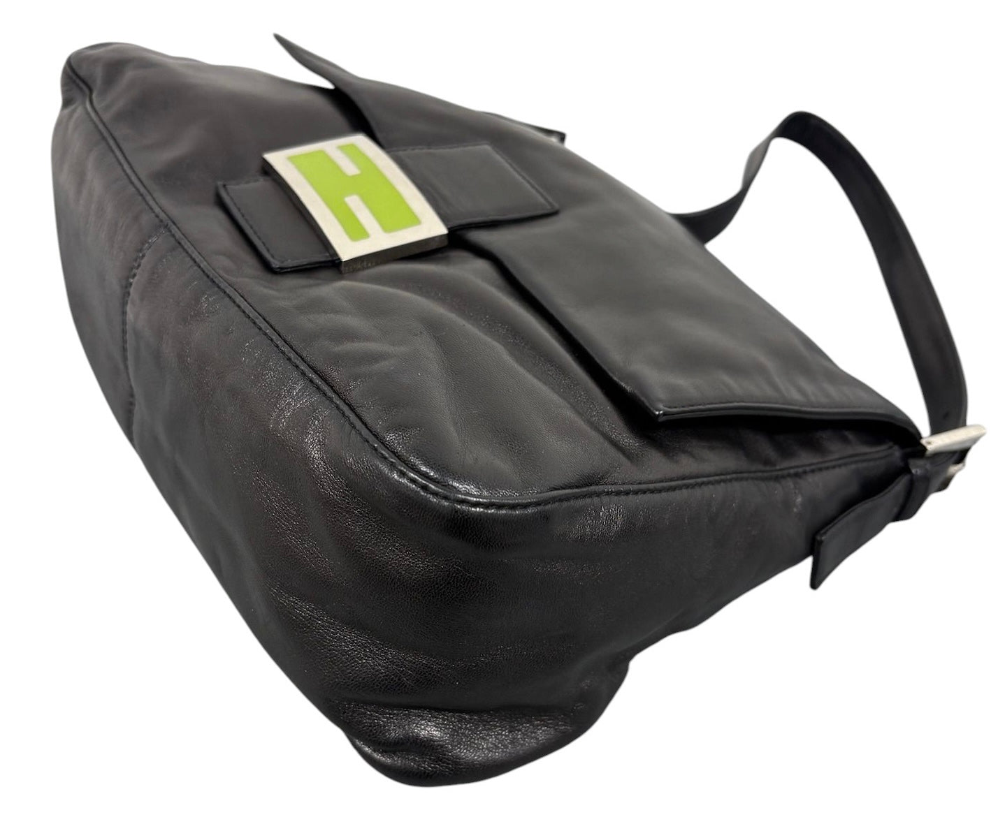 Fendi Vintage Black Lambskin Green Logo Mamma Shoulder Baguette Bag