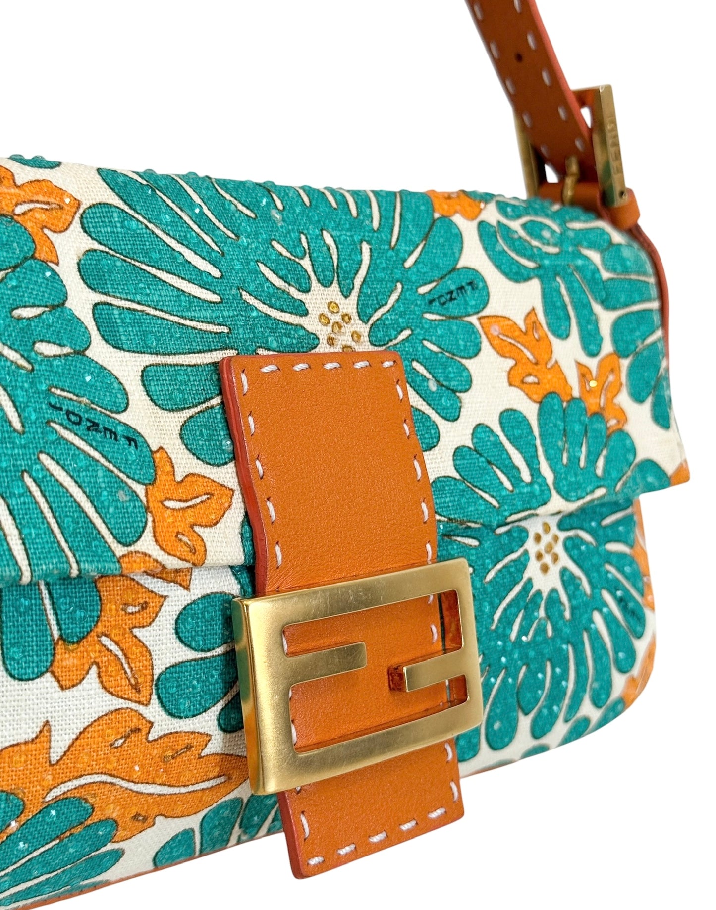 Fendi Vintage Turquoise & Orange Crystal Floral Selleria Leather Trim Shoulder Baguette Bag