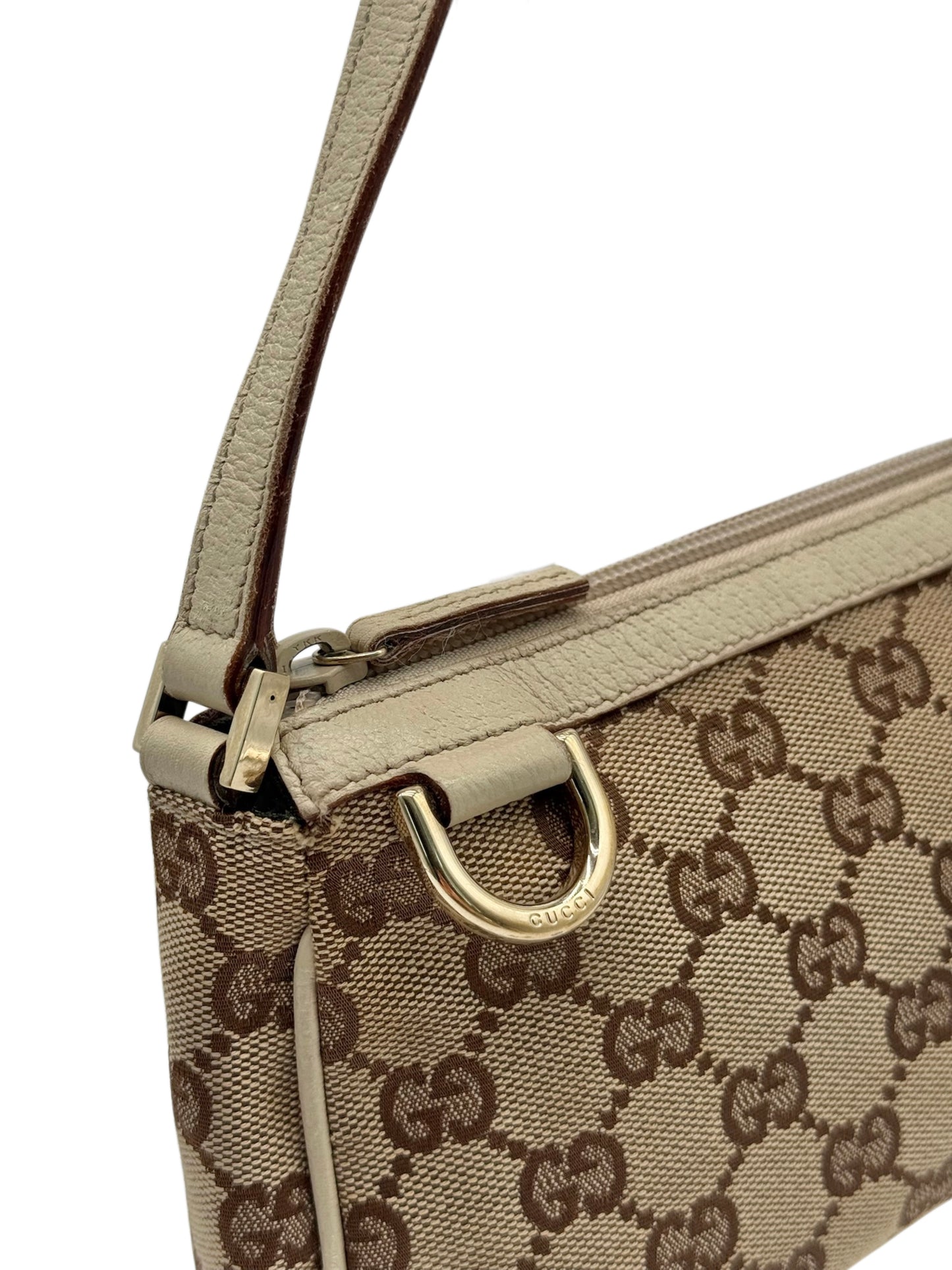 Gucci Vintage Brown GG Monogram Canvas w Ivory Leather Trim D Ring Pochette Shoulder Bag