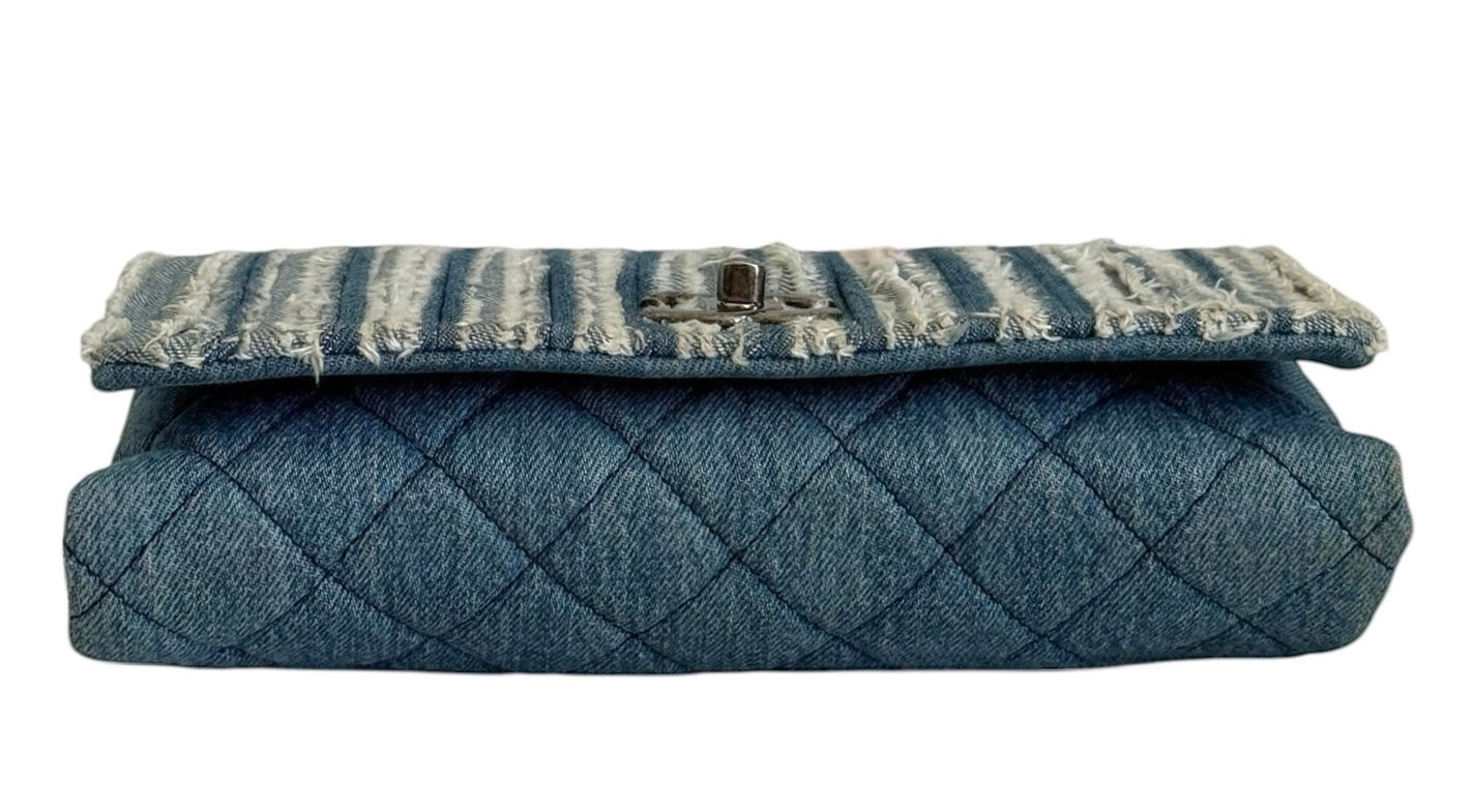 Chanel Blue Striped Denim Fringe Trim Full Flap Shoulder Crossbody Bag 