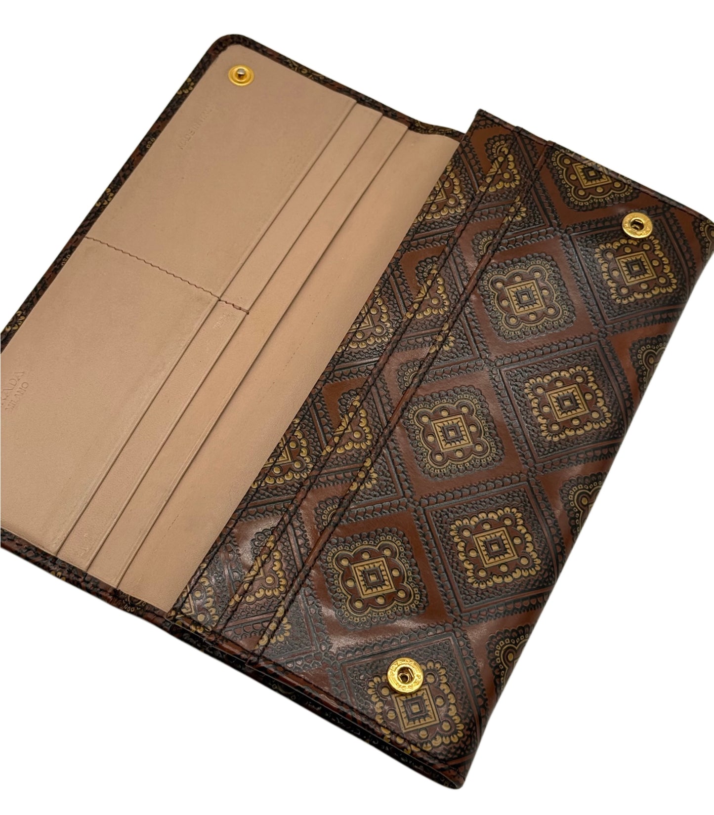 Prada Vintage Brown Leather Floral Pattern Long Snap Wallet