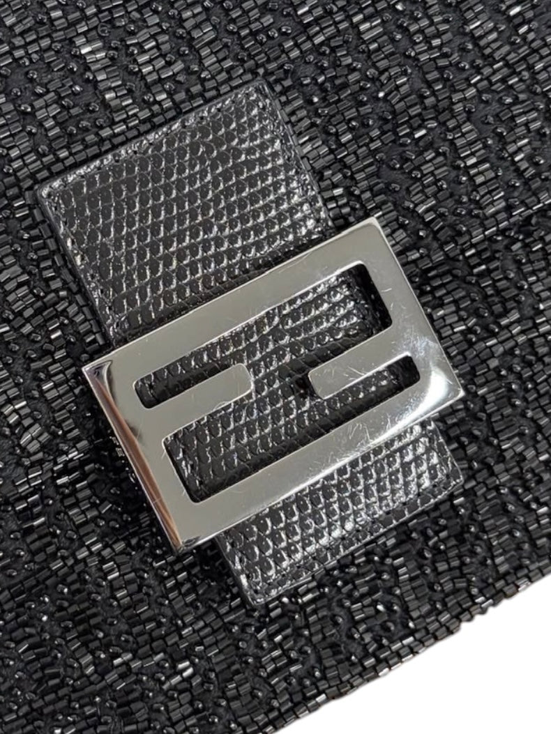 Fendi Vintage Black Zucca Beaded Embroidered Mini Mamma Shoulder Baguette Bag with Lizard Trim