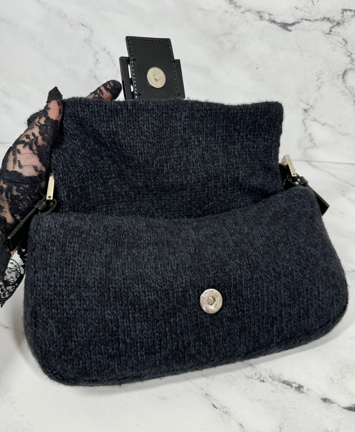 Fendi Vintage Dark Gray & Black Wool Knit Baguette Shoulder Bag