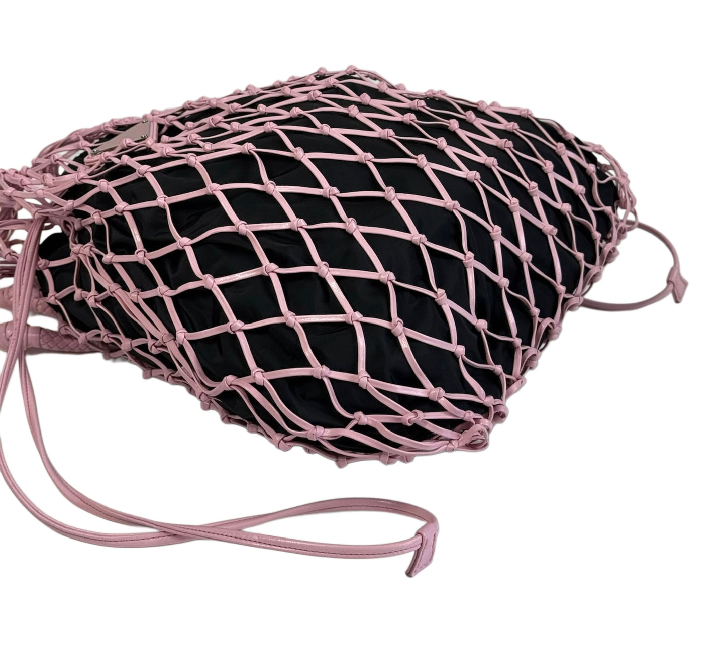 Prada Pink Mesh Woven Fishnet Leather Black Nylon Small Shoulder Hobo Bag