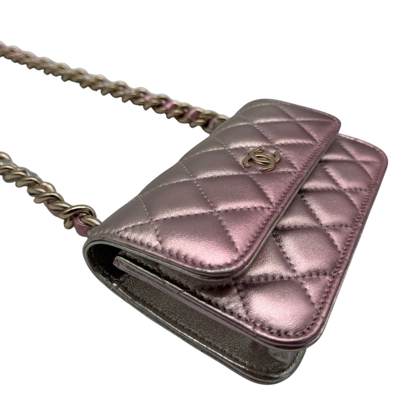 Chanel 2021 Metallic Pink & Silver Quilted Lambskin Coco Punk Clutch with Chain Mini Bag