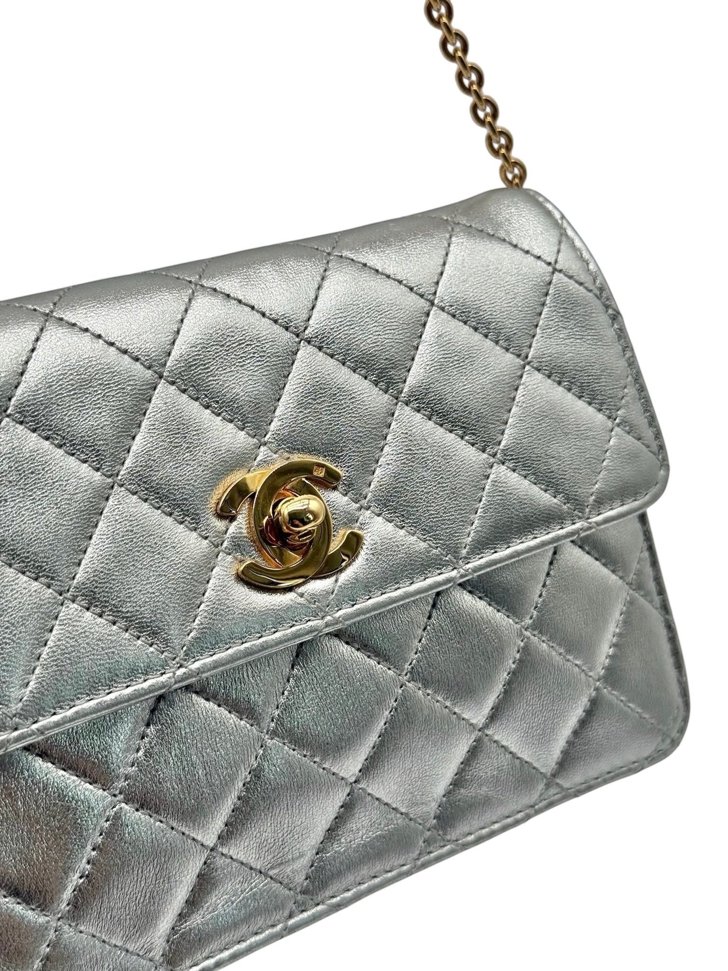 Chanel Vintage 90’s Metallic Silver Quilted Lambskin Micro Mini Square Flap Bag with 24K GPHW