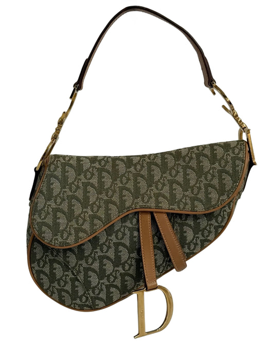 Dior Vintage 2001 Green Trotter Monogram Medium Saddle Bag
